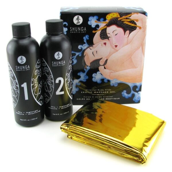 Гель для NURU-массажа Shunga Oriental Body-to-Body – Exotic Fruits (2 x 225 мл) плюс простыня